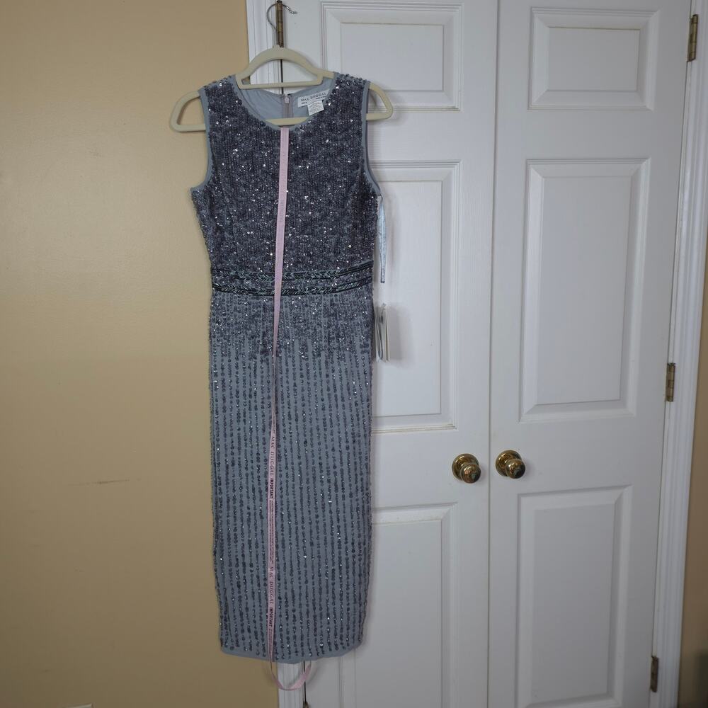 Mac Duggal 10509 Beaded High Neck Sheath Midi Dress in Platinum Size 6